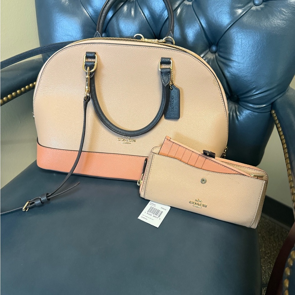 Coach Tan and Orange Satchel Bag with Wallet